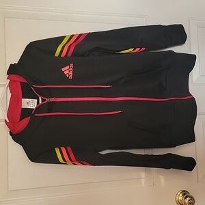 ADIDAS Women's medium hooded jacket, black with hot pink hood, like new.
